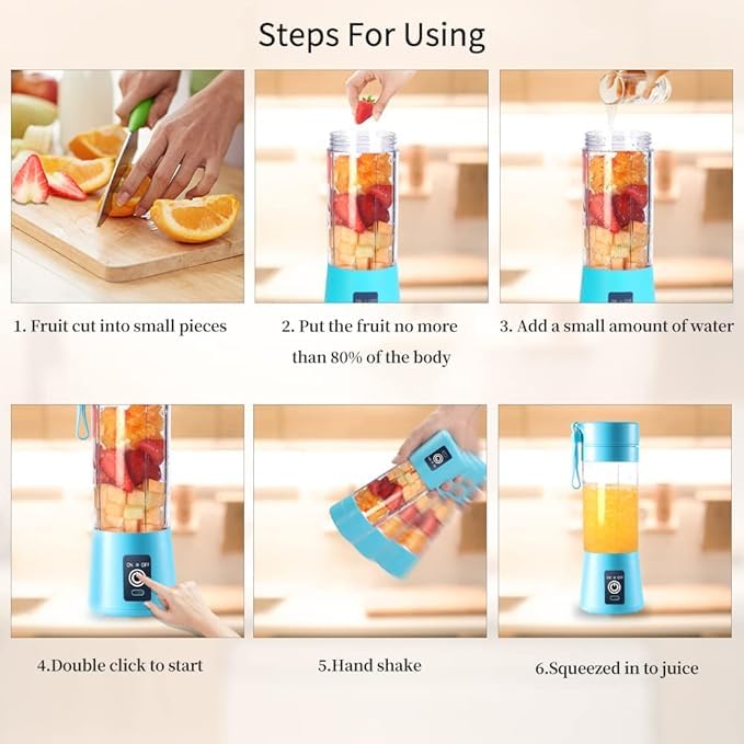 Licuadora Portátil USB, 380ml, 6 Cuchillas de Acero Inoxidable, Batidora Personal Recargable para Jugos y Batidos. (Azul).