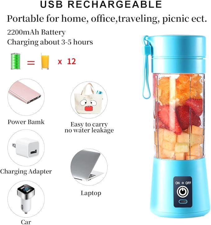 Licuadora Portátil USB, 380ml, 6 Cuchillas de Acero Inoxidable, Batidora Personal Recargable para Jugos y Batidos. (Azul).