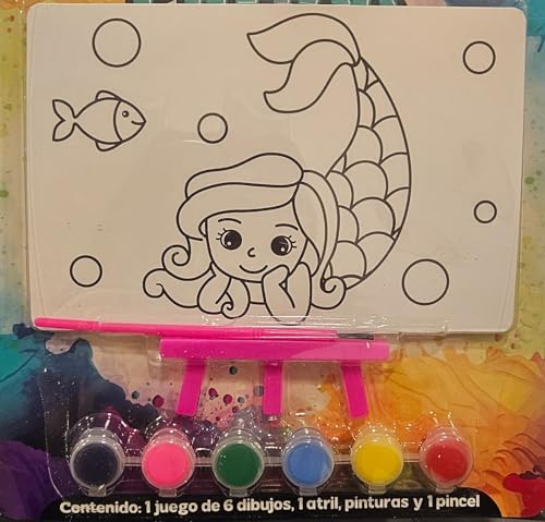 Kit para pintar para niños | 1 juego de 6 dibujos, 1 atril, 6 pinturas y 1 pincel. | Actividad Creativa Educativa (Niña)