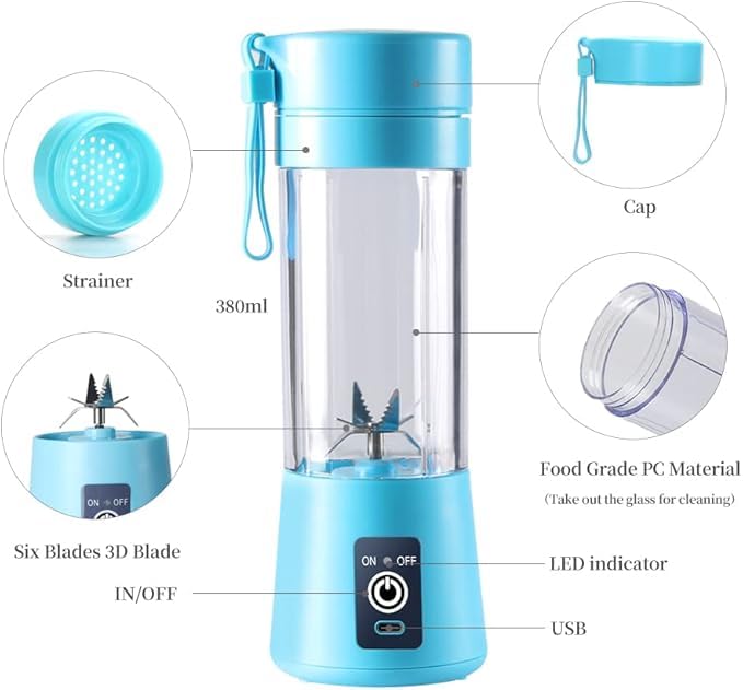 Licuadora Portátil USB, 380ml, 6 Cuchillas de Acero Inoxidable, Batidora Personal Recargable para Jugos y Batidos. (Azul).