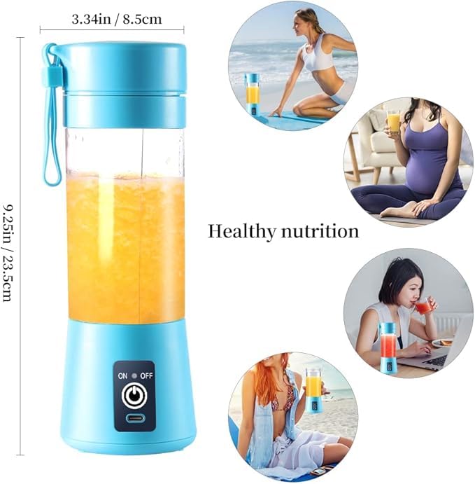 Licuadora Portátil USB, 380ml, 6 Cuchillas de Acero Inoxidable, Batidora Personal Recargable para Jugos y Batidos. (Azul).