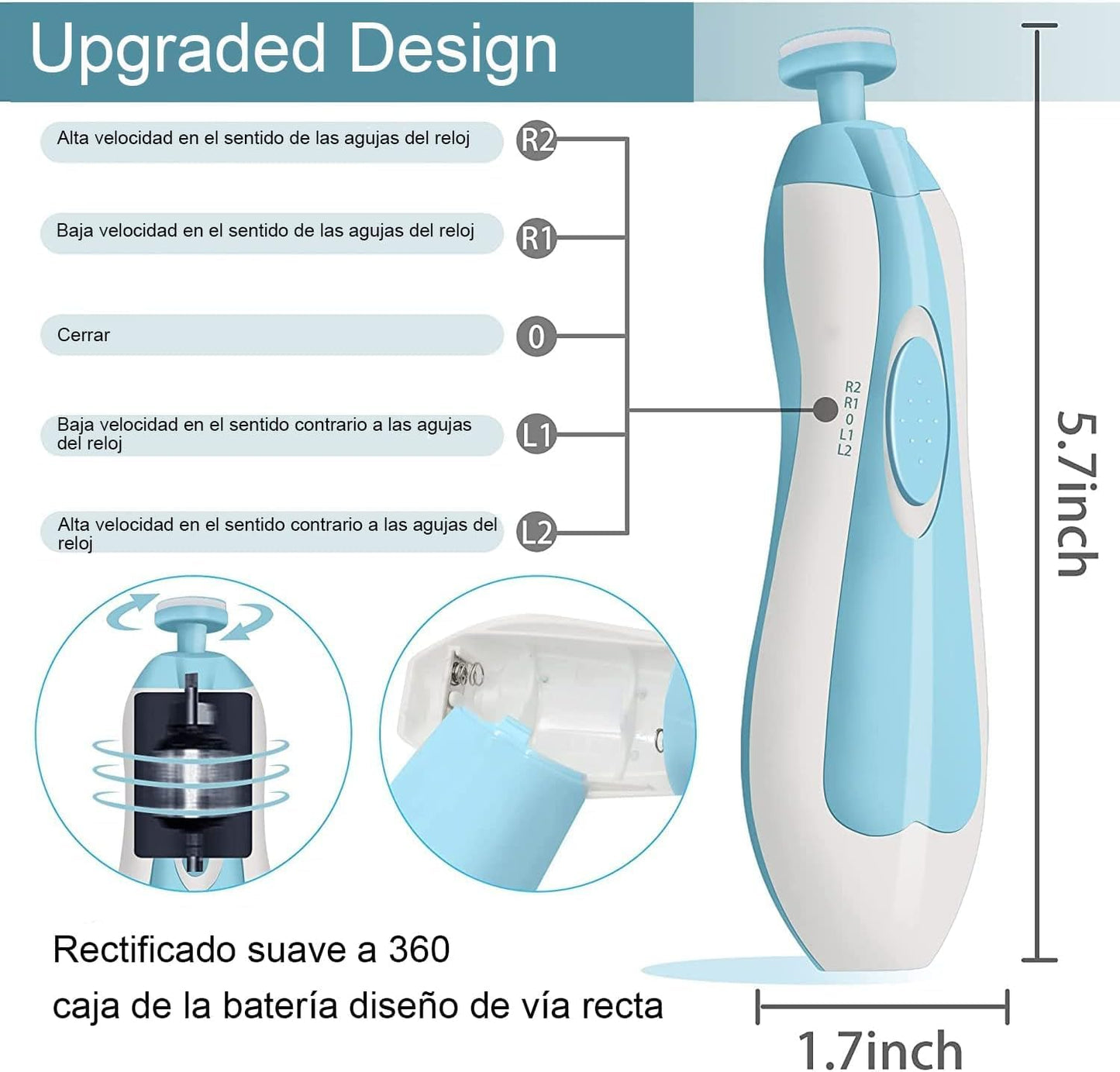 Lima de uñas bebe, Cuidado de uñas para bebés eléctrico con Luz LED, Pulidor de uñas para bebés Cortaúñas para el cuidado del bebé (Azul)
