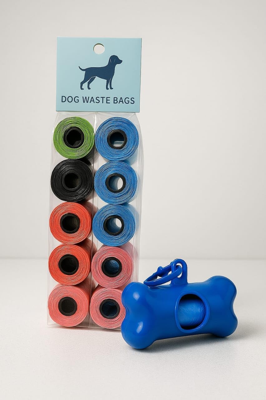 Pack de 24 Rollos de Bolsas para Heces de Perro + 2 Dispensadores en Forma de Hueso con Ganchos – Incluye 2 Bolsas Adicionales – Resistentes, Colores Surtidos y Fáciles de Usar