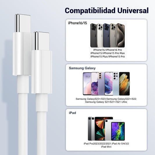 Cable tipo C a C 1M, para Serie iPhone 16/15, 60W, Carga Rapida 20V 3A, Compatible con Samsung Galaxy, Macbook Pro, MacBook Air, iPad Pro, Google Pixel