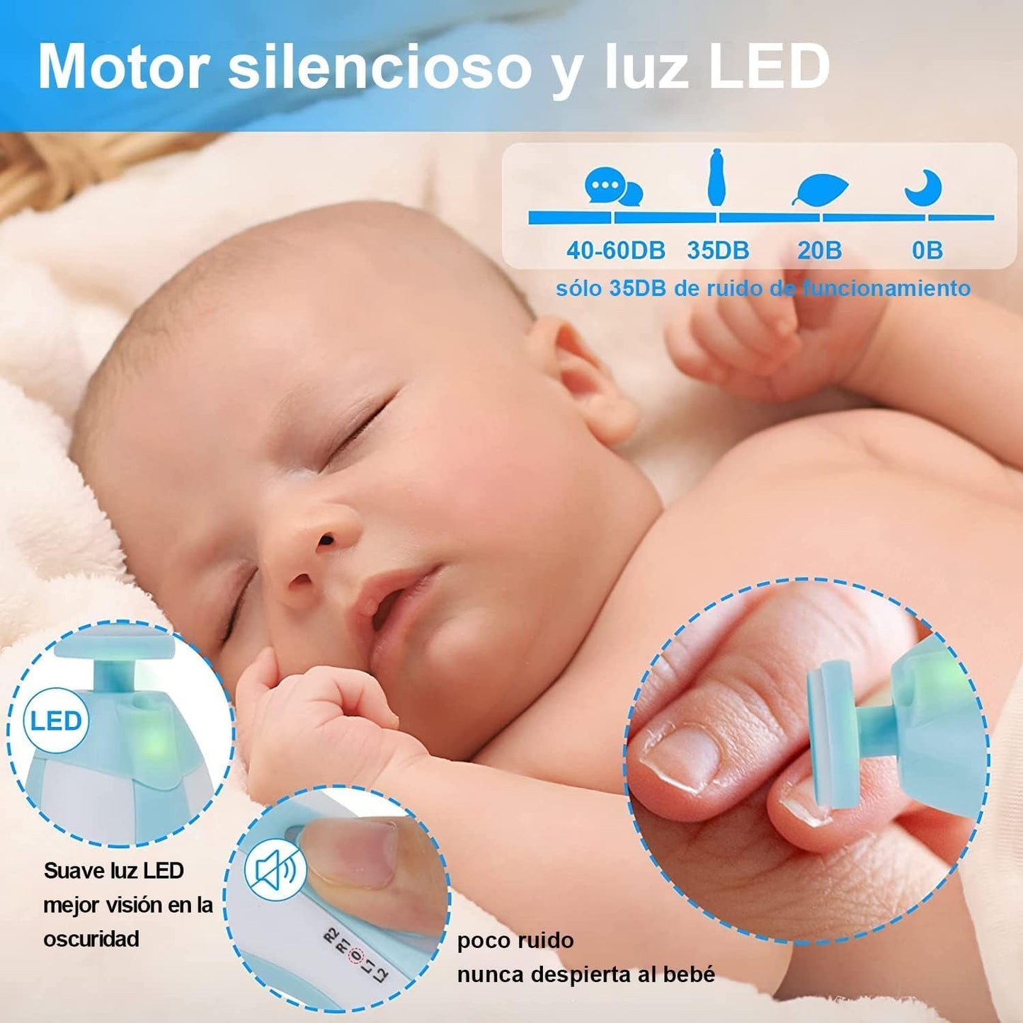 Lima de uñas bebe, Cuidado de uñas para bebés eléctrico con Luz LED, Pulidor de uñas para bebés Cortaúñas para el cuidado del bebé (Azul)