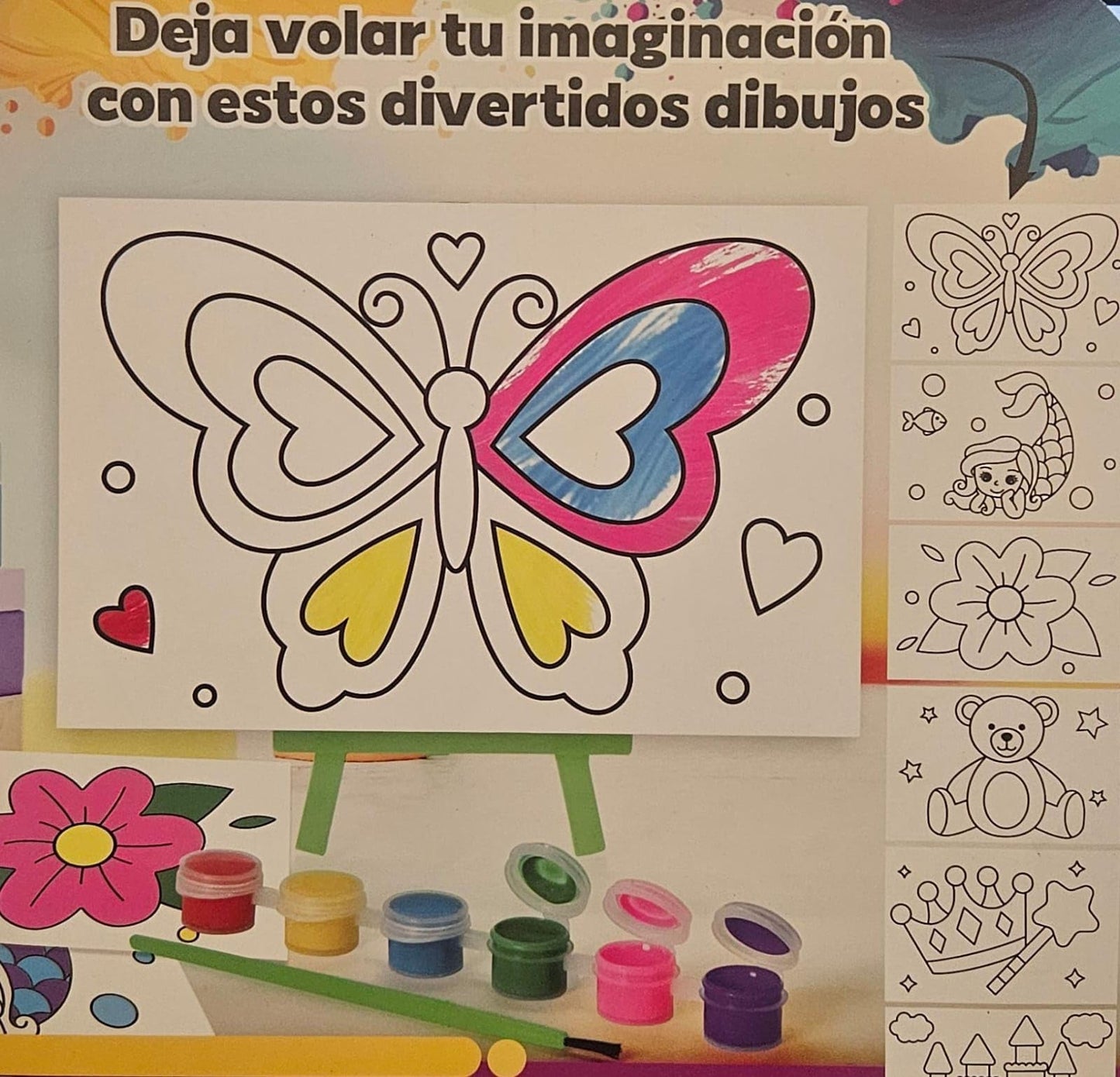 Kit para pintar para niños | 1 juego de 6 dibujos, 1 atril, 6 pinturas y 1 pincel. | Actividad Creativa Educativa (Niña)
