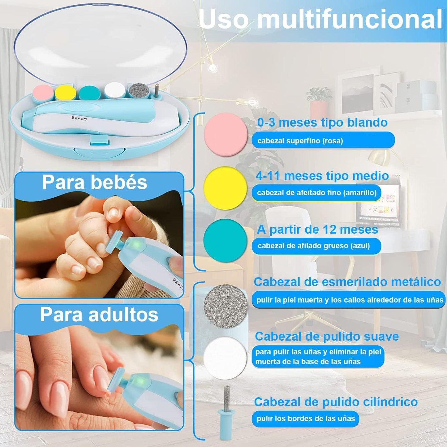 Lima de uñas bebe, Cuidado de uñas para bebés eléctrico con Luz LED, Pulidor de uñas para bebés Cortaúñas para el cuidado del bebé (Azul)