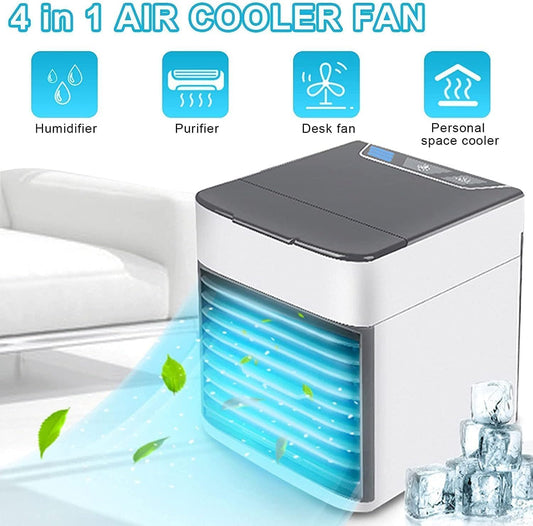 Enfriador de Aire Portátil 4 en 1, 3 Velocidades, Humidificador, Purificador, Ventilador, Luz LED, Conexión USB, 7 Colores, Mini Aire Acondicionado Portátil de Enfriamiento