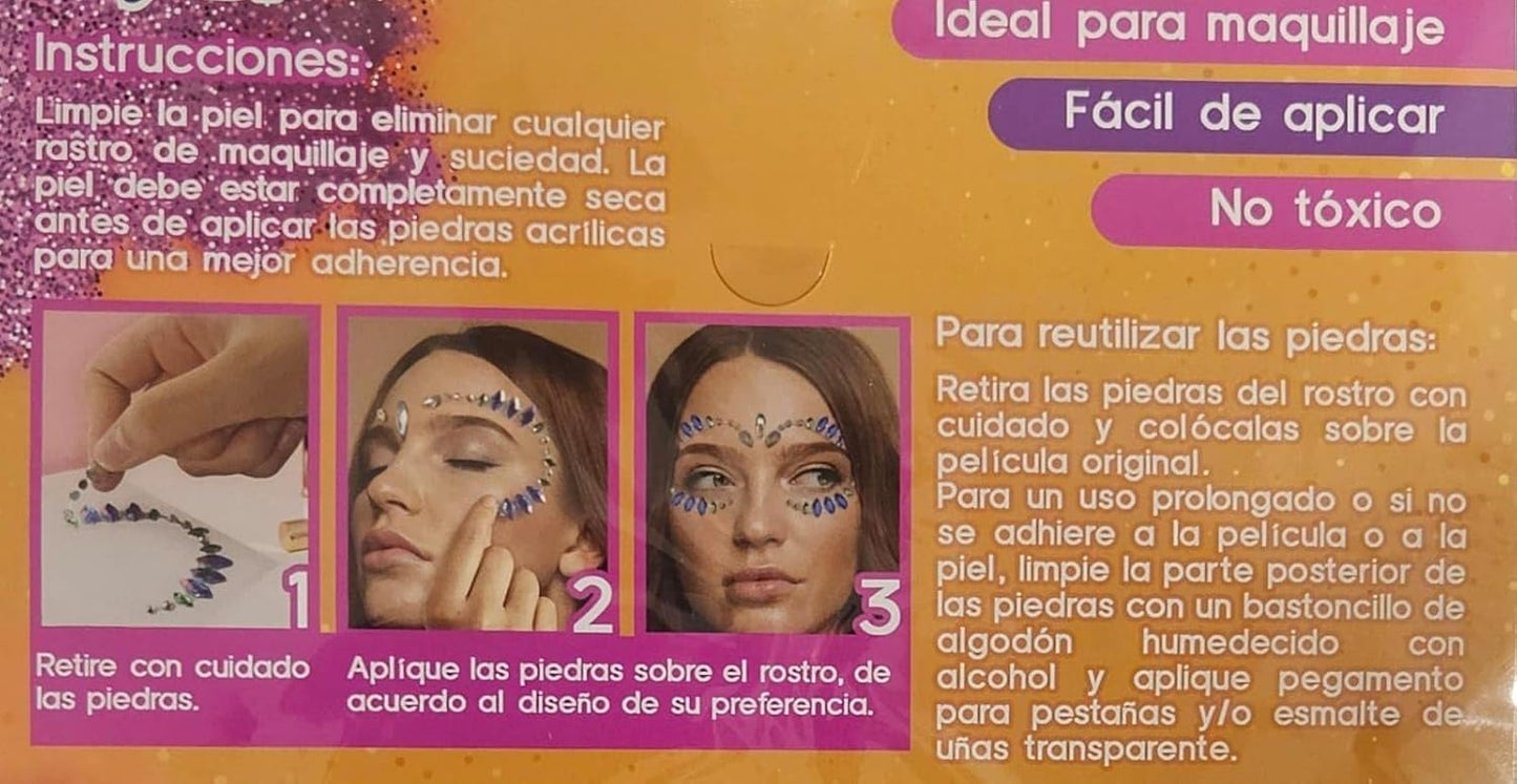 Kit de Piedras Acrílicas para Maquillaje – 4 Diseños Adhesivos para Rostro – Brillantes Decorativos para Cara, Festival, Fiesta, Halloween y Carnaval