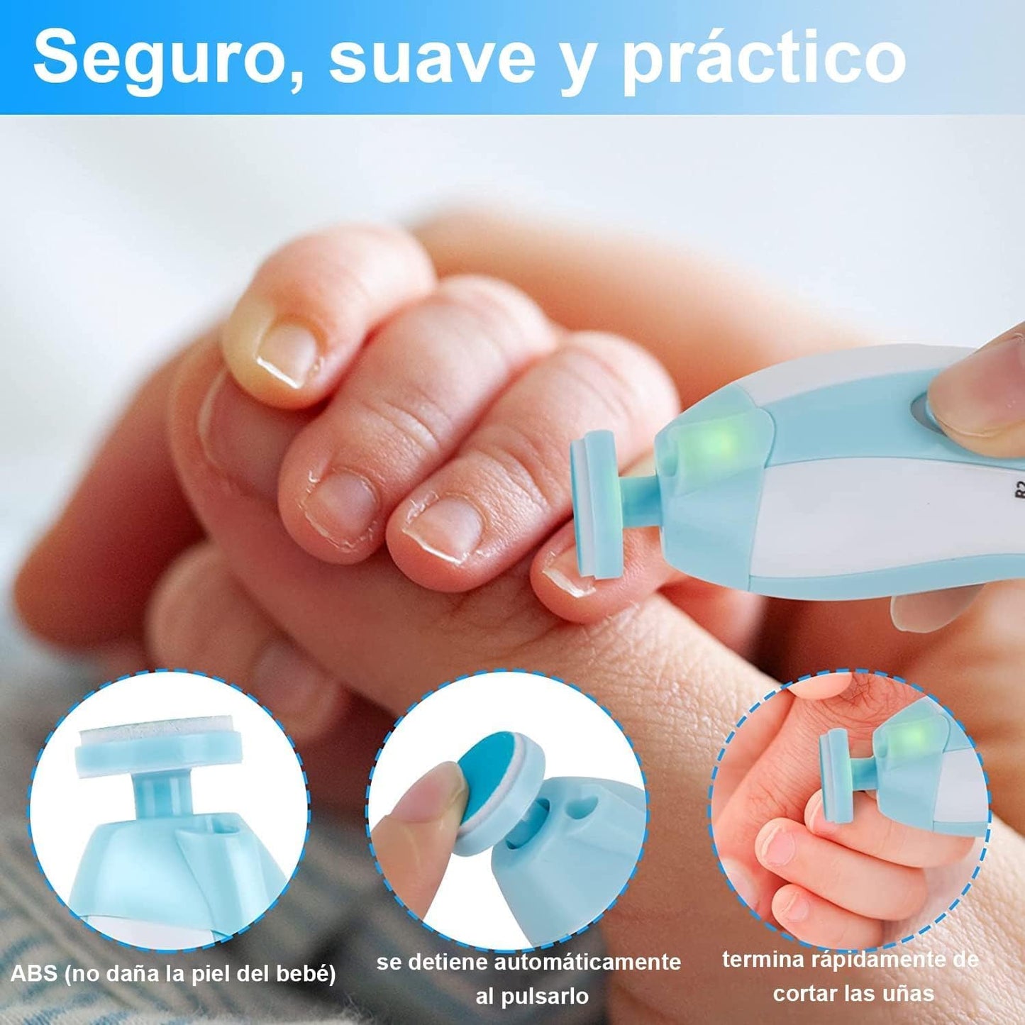 Lima de uñas bebe, Cuidado de uñas para bebés eléctrico con Luz LED, Pulidor de uñas para bebés Cortaúñas para el cuidado del bebé (Azul)
