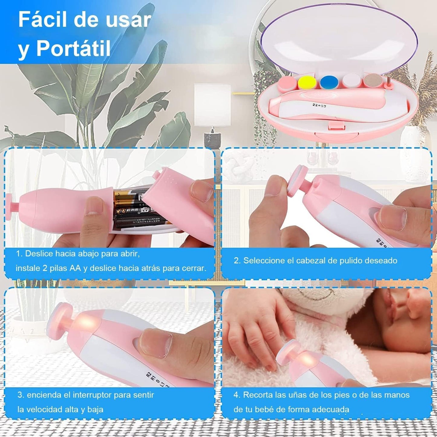 Lima de uñas bebe, Cuidado de uñas para bebés eléctrico con Luz LED, Pulidor de uñas para bebés Cortaúñas para el cuidado del bebé (Azul)