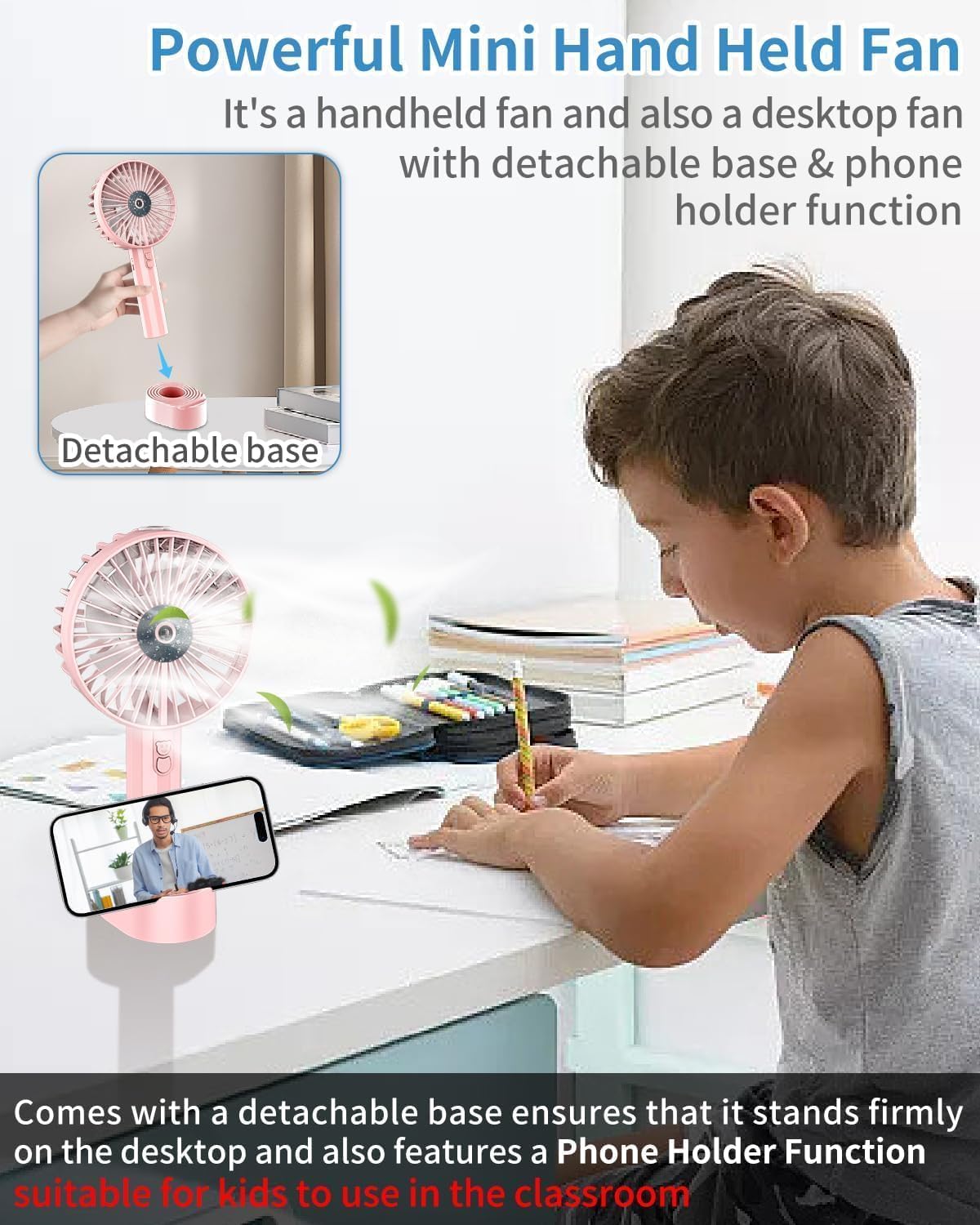 Ventilador de Mano con Agua, 3 Velocidades, Portátil Recargable USB con Soporte para Viajes/Oficina/Exterior (Azul)