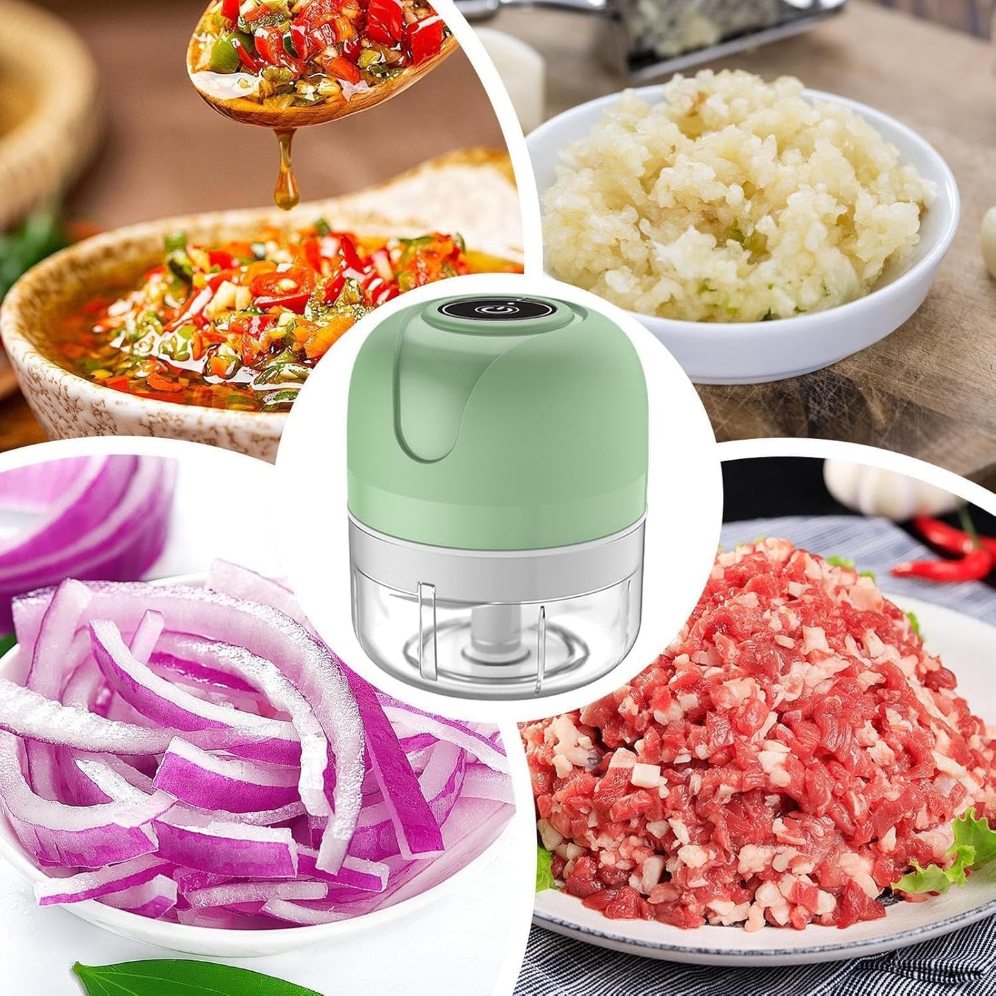 Procesador de Alimentos Portátil, Recargable USB, 3 Cuchillas de Acero Inoxidable, Motor 30W, Picador Eléctrico para Ajo, Cebolla, Verduras