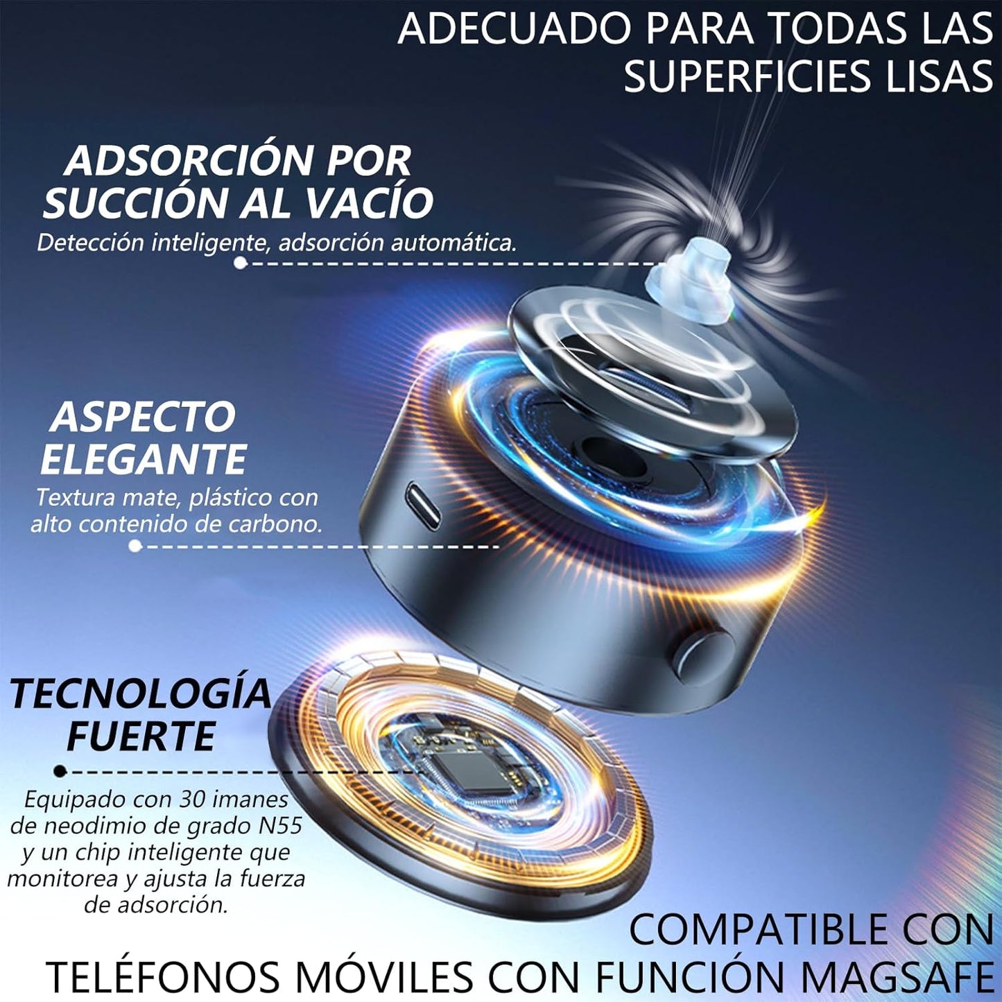 Soporte Magnético para Celular con Ventosa, Portacelular para Auto Magsafe con Anillo Magnético,Base para Celular Automovil Iman Compatible con iPhone 16/15/14/13/12, Galaxy, Xiaomi, Huawei, etc