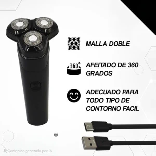 Rasuradora Eléctrica, 3 Cabezales Independientes, 360 Grados, Recargable USB, Negro