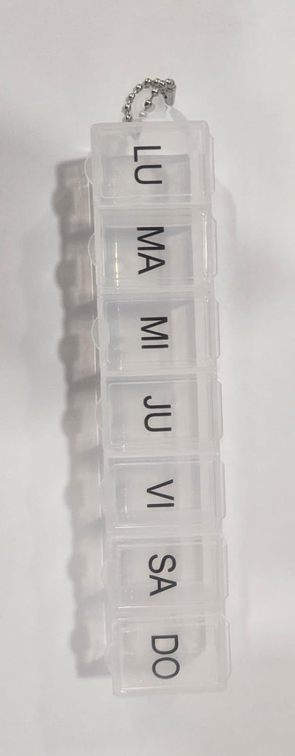 Pastillero Semanal con 7 Compartimentos | Organizador de Medicamentos Diario con Tapa Individual y Cadena | Portátil y Reutilizable