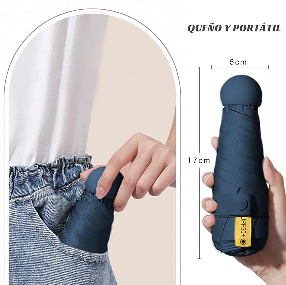 Paraguas Plegable Compacto, UPF50+, Doble Uso Sol y Lluvia, 95 cm Diámetro, Resistente al Viento, con Estuche en Forma de Cápsula, Varios Colores.