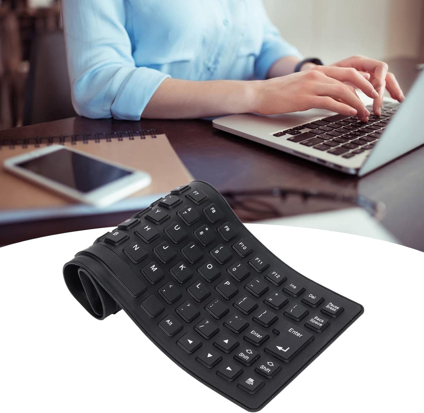 Teclado de Silicona Flexible, Ultra Silencioso, Enrollable, Resistente al Agua, con Cable USB, 85 Teclas, Negro