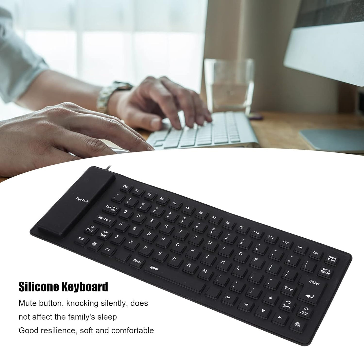 Teclado de Silicona Flexible, Ultra Silencioso, Enrollable, Resistente al Agua, con Cable USB, 85 Teclas, Negro