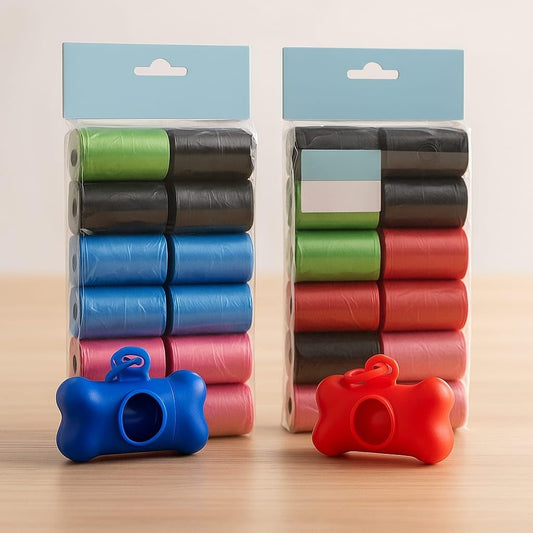 Pack de 24 Rollos de Bolsas para Heces de Perro + 2 Dispensadores en Forma de Hueso con Ganchos – Incluye 2 Bolsas Adicionales – Resistentes, Colores Surtidos y Fáciles de Usar