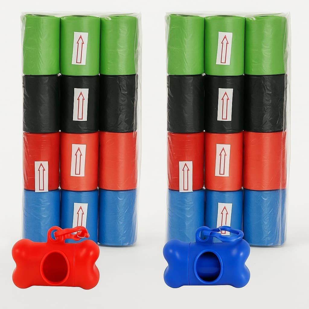 Pack de 24 Rollos de Bolsas para Heces de Perro + 2 Dispensadores en Forma de Hueso con Ganchos – Incluye 2 Bolsas Adicionales – Resistentes, Colores Surtidos y Fáciles de Usar