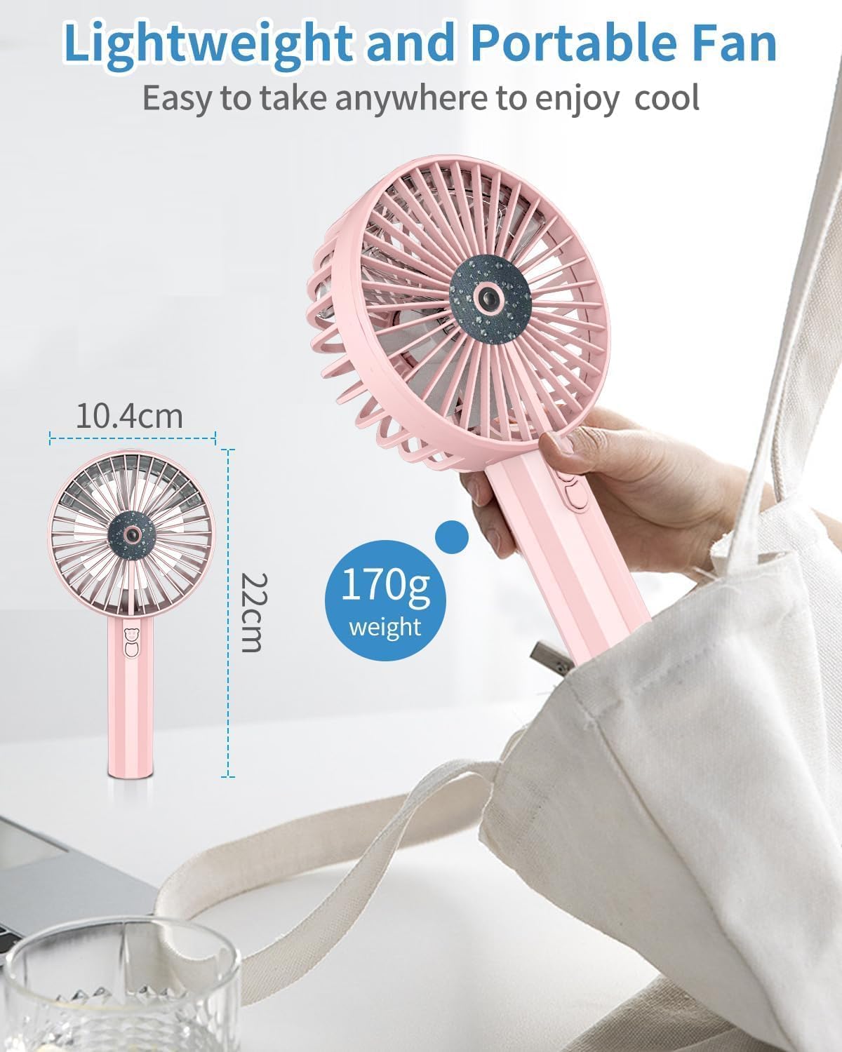 Ventilador de Mano con Agua, 3 Velocidades, Portátil Recargable USB con Soporte para Viajes/Oficina/Exterior (Azul)