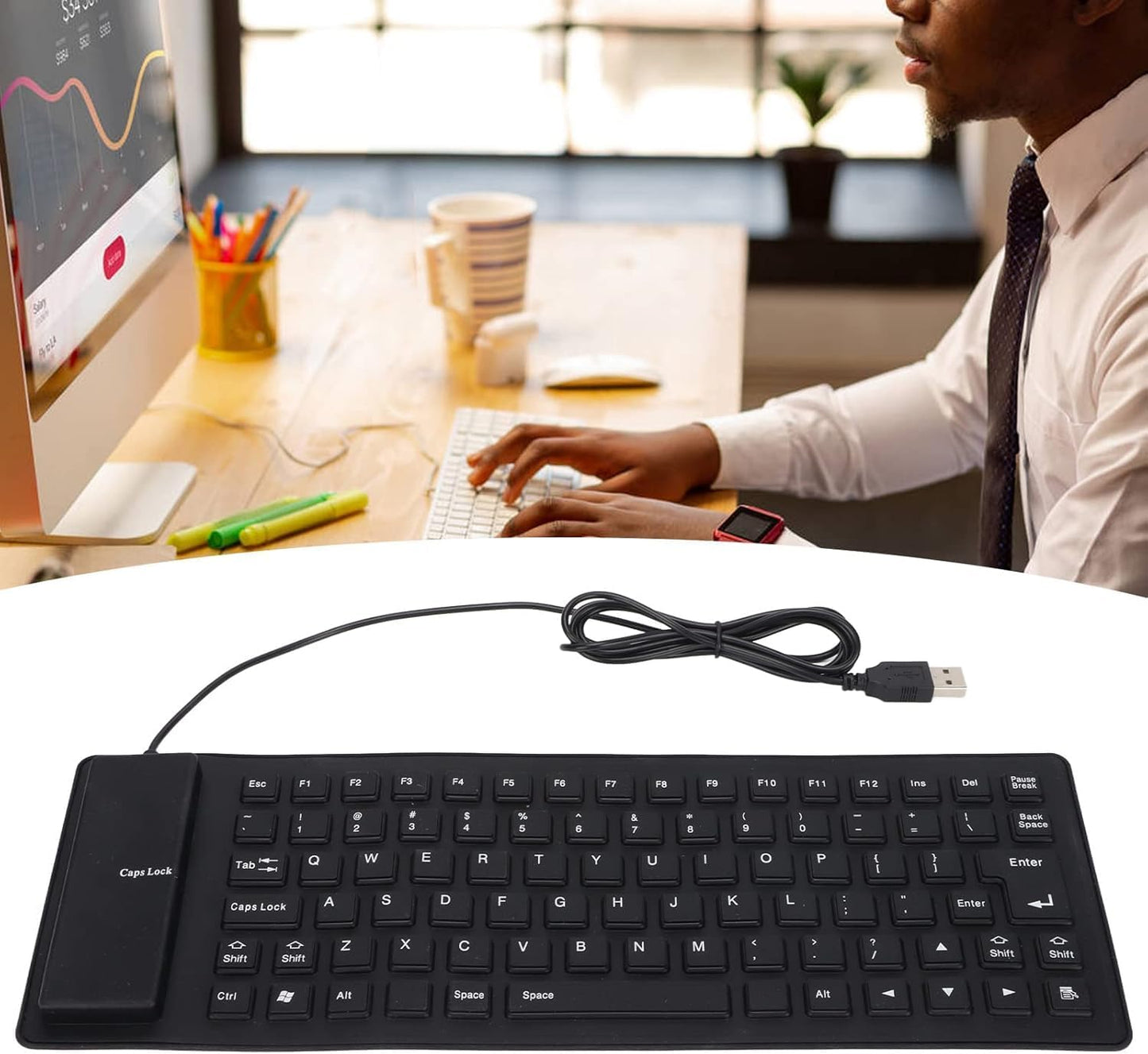Teclado de Silicona Flexible, Ultra Silencioso, Enrollable, Resistente al Agua, con Cable USB, 85 Teclas, Negro