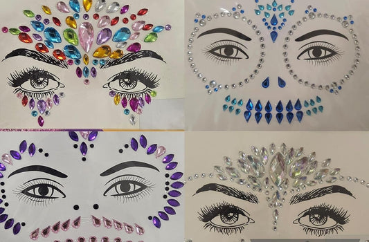 Kit de Piedras Acrílicas para Maquillaje – 4 Diseños Adhesivos para Rostro – Brillantes Decorativos para Cara, Festival, Fiesta, Halloween y Carnaval