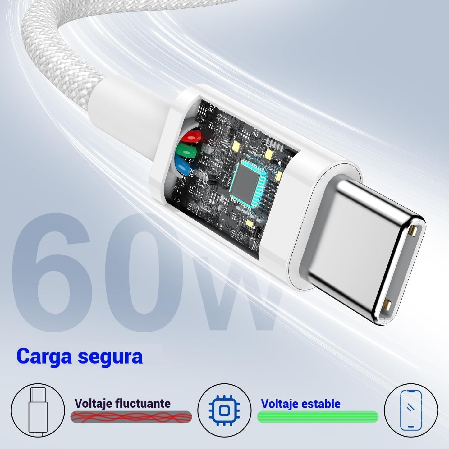 Cable tipo C a C 1M, para Serie iPhone 16/15, 60W, Carga Rapida 20V 3A, Compatible con Samsung Galaxy, Macbook Pro, MacBook Air, iPad Pro, Google Pixel