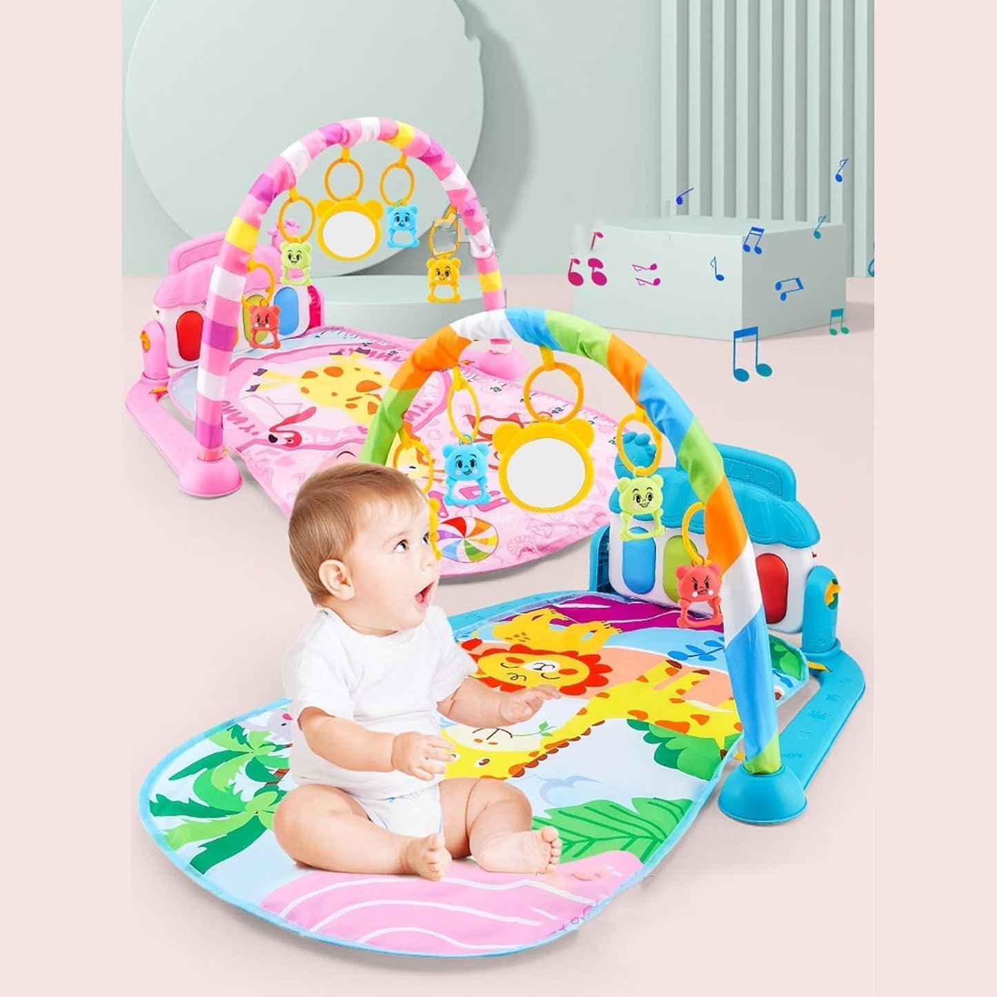 Gimnasio De Juegos Para Bebe, Alfombra Para Niños, Tapete De Juegos Para Bebé 3-12 Meses, Manta Actividades Bebe Con Piano, Manta De Juego Para Bebé Con Luz, Música Y Juguetes Sensoriales Colgantes (Rosa)